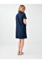 Navy Blue 100% Linen Shawl Collar Short Sleeve Dress - 4
