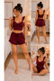 Women's Burgundy Shorts Pajama Set with Ruffle Detail and Straps for Summer Home Wear - 2