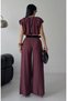 Women's Summer Belted Trousers and Crop Blouse Set Burgundy - 7