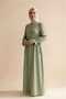 Olive Green Women's 100% Cotton Muslin Fabric Waist-Tied Drawstring Buttoned High Collar Long Hijab Dress Anti-Sweat Summer Dress - 2