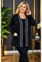 Women's Black Plus Size Stone Print Front White Ribbed Stripe Detail Pocketed Open Front Stretchy Viscose Cardigan - 8
