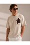 Unisex Beige Oversize Wolf Figured Embossed Printed T-Shirt
