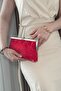 Women's Red Satin Stone Evening Dress Bag - Hand and Shoulder Bag with Silver Accessories and Chain Strap - 2