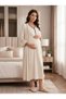 Women's Ecru Ribbed Buttoned New Season 2-Piece Maternity Nightgown Set with Dressing Gown - 3