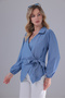 Women's Blue Double-Breasted Side-Tie Satin Blouse Shirt - 2