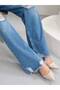 Women's High Waist Wide Leg Knee Ripped Detailed Tassel Hem Blue Jean Trousers - 5