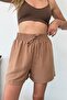 Women's Elastic Waist Lace Detailed Aerobin Shorts Light Brown - 5327 - 2