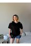 Women's Black Shoulder Star Stone Detailed T-Shirt