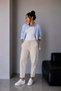 1019 Women's 100% Cotton Gabardine Elastic Waist Carrot Cut Trousers Beige