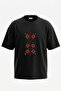 Folk Art Floral Design Back Printed Cotton Black Oversize T-Shirt