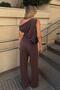 Brown Low Sleeve Off Shoulder Blouse-High Waist Pants Women's Bottom Top Set - 5