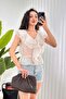 Ruffled V-Neck Stone Blouse with Elastic Waist