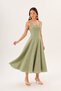 Green Strappy Square Neck A-Line Panel Detailed Linen Midi Dress - 9