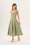 Green Strappy Square Neck A-Line Panel Detailed Linen Midi Dress - 7