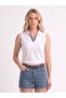 Women's White Polo Collar Striped Sleeveless Bodysuit Slim Fit Lycra 100% Cotton