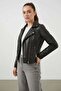Women's Stand Collar Biker Black Jacket - 2