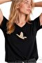 Black V-Neck Basic T-Shirt with Bird Stone Print Detail
