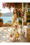 Yellow Rose Patterned Pleated Dress with Gold Belt Detail - 2