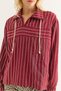 Women's Stand Collar Zippered Striped Stylish Shirt Burgundy - 2