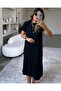 Women's Short Sleeve Slit Detailed Loose Viscose Dress - 7