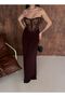 Women's Brown Lace Corset Detail Strapless Long Evening Dress - 2