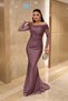Satin Fabric Sleeves with Bead Detail Evening Dress - Lila - 2