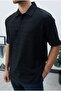 Marrakech Men's Black Wrinkled Fabric Oversize Polo Collar T-Shirt - 5