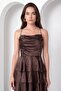 Women's Brown Degaje Collar Backless Mini Satin Evening Dress - 3