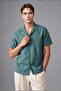 Regular Fit Polo Collar Linen Blend Short Sleeve Green Shirt I0292Ax26Hs - 3