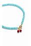 Turquoise Glass Beads and Red Cherry Charm Detailed Gold Locking Necklace - 2