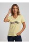 Kazee V-Neck Colorful Bird Patterned Stone and Bead Detailed Women's T-Shirt 80191