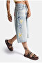 Women's Denim Color 4S6-32 Palazzo Embroidery Design Bermuda Denim Jort - 3