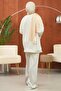 Ecru Leather Garnished Tunic and Trousers Set - 5