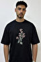 Botanical Flower Design Printed Oversize Black T-Shirt