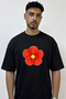 Red Flower Design Printed Oversize Black T-Shirt