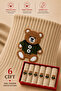 Women's Beige Teddy Bear Socks Gift Boxed Cotton Short Socks with Teddy Bear Design 6-Piece Seamless - 2