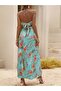 Women's Rope Strap Halter Neck V-Neck Slit Long Patterned Single Jersey Turquoise Dress - 5