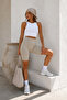 Women's Beige High Waist Soft Textured Gathering Premium Short Leggings - 2