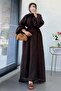 Premium Collar Gathered Balloon Sleeve Voile Dress - Brown - 5