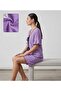 Open Collar Wrinkled Fabric Lilac Pajama Set with Shorts - 3