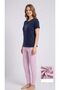 Women's Navy Blue Short Sleeve Pink and White Striped Bottom Pajama Set - 2