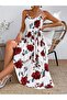 Women's Rope Strap V-Neck Long Patterned Single Jersey Dress with Belt at the Waist