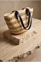 Women's Knitted Stripe Patterned Straw Bag Beige - 2