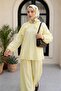 Crew Neck Ruffled Front Lined Voile Suit with Elastic Sleeves - Yellow - 4