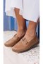 Women's Genuine Leather Brown Laser Cut Ballerina Shoes Thick Toothed Gel Sole Slip on