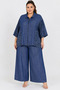 Plus Size Zippered Denim Suit with Leopard Pattern Detail, Capri Sleeve, Wide Leg Women's Suit
