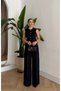 Mona Gold Button Detailed Women's Linen Vest and Trousers Set – Black - 5