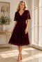 Women's Double-Breasted Collar Short Sleeve Waist-Fitted Patterned Lined Lycra Stylish Burgundy Midi Evening Dress - 6
