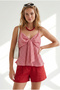 Women's Fuchsia Adjustable Strap Gingham Blouse with Bow on the Front Blz-19003272