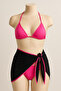 Night Women's Burgundy Black Pareo 3-Piece Bikini Set with Side and Neck Ties - 2